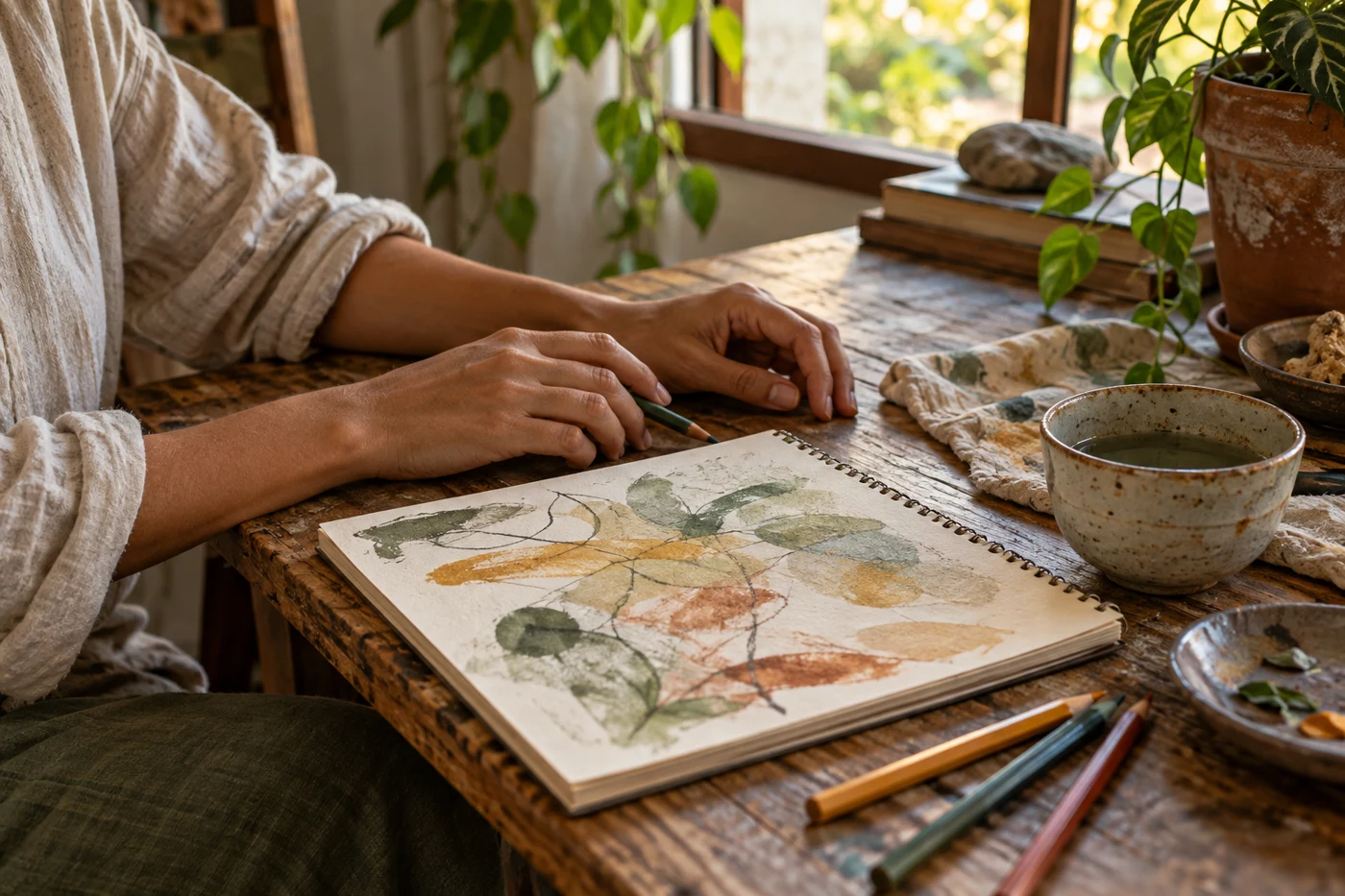 Imagem ilustrativa de mãos junto a um caderno de aquarela e lápis, em uma mesa iluminada pela janela